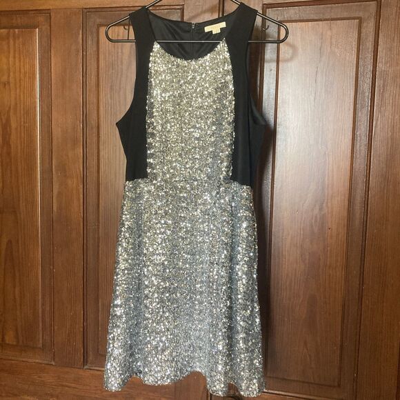 Tulle Black Silver Sequin Sleeveless Lined Fit & Flare Mini Dress Size L - Picture 1 of 8